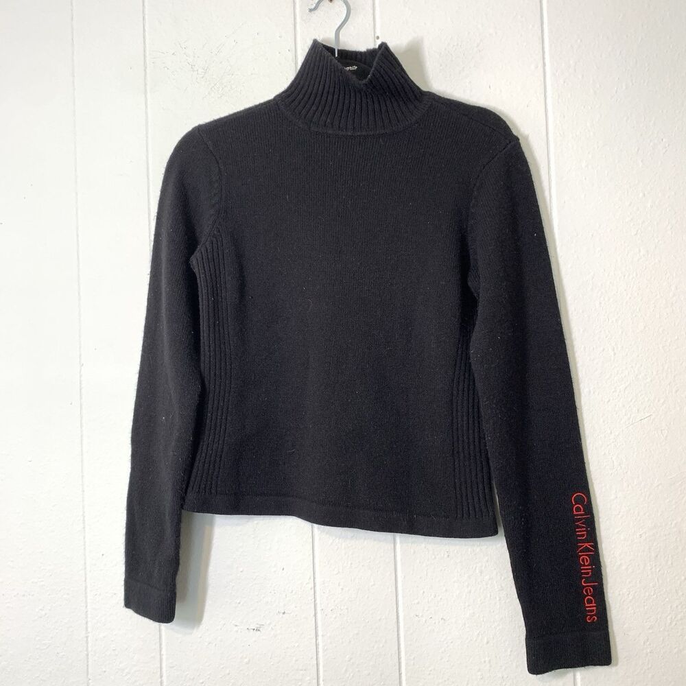 Vtg Calvin Klein Womens Large Sweater Cable Knit Turtle Neck Embroidery Spell Ou